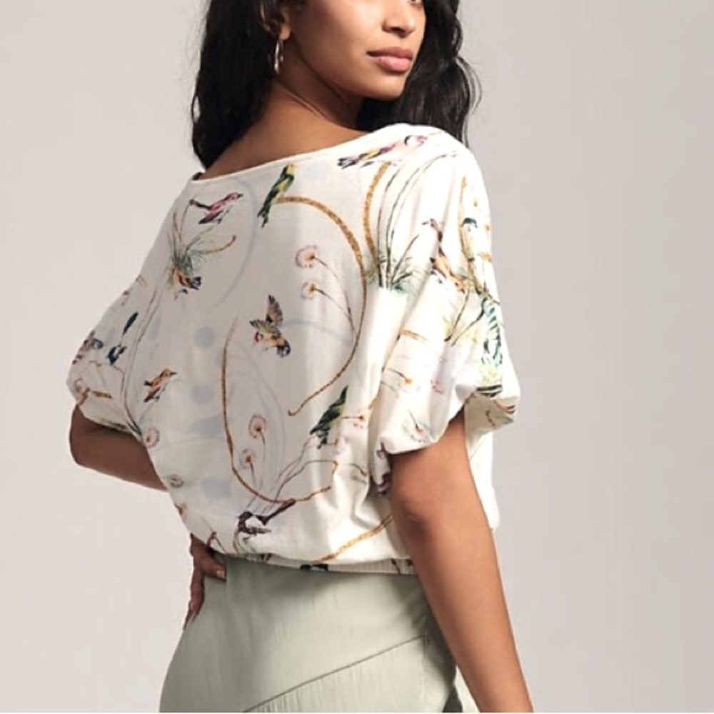 Anthropologie Maeve Boatneck Cotton Vintage Bird Print Bubble Sleeve Lined Top